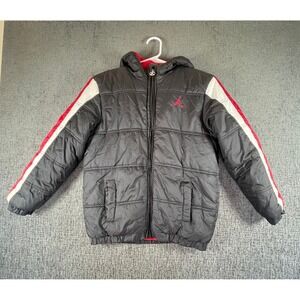 Jordan Boys Medium Black Red White Hooded Puffer Jacket Fleece Lined Jumpman